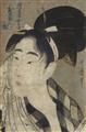 Kitagawa Utamaro - Oban. Series: Denbei nyobo Oshun ga so. Okubi-e. Portrait of the young beauty Oshun, after her bath. Signed: Utamaro hitsu. About 1800. Very good impression, mica, colours sligh... - image-1