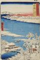Utagawa Hiroshige - a) Oban. Series: Rokujuyoshu meisho zue. Title: Musashi, Sumidagawa yuki no ashita. Snow-covered landscape along a river. Signed: Hiroshige hitsu. Publisher: Koshimuraya Heisuke... - image-1