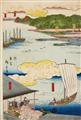 Utagawa Hiroshige II - Oban triptych. Title: Yokohama kaigan zue. View of the harbour; on the left a woman with a telescope. Signed: Oju Hiroshige ga. Publisher: Daikokuya Kinnosuke. Censor and date: ... - image-2