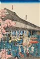 Utagawa Hiroshige III
Utagawa Sadahide - Three oban triptyches. a) Title: Yokohama kakkoku shokan hanei. Yokohama street with prosperous foreign companies. Signed: Hiroshige ga. Seal: Ichiryusai. Publisher: Manya Magob... - image-7