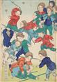 Tsukioka Yoshitoshi - Oban triptych. Title: Kodomo asobu no zu. Western children fighting with sticks. Signed: Kaisai Yoshitoshi hitsu; Gyokuro Yoshitoshi hitsu. Publisher: Joshuya Kinzo. Censor and ... - image-3