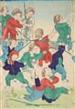 Tsukioka Yoshitoshi - Oban triptych. Title: Kodomo asobu no zu. Western children fighting with sticks. Signed: Kaisai Yoshitoshi hitsu; Gyokuro Yoshitoshi hitsu. Publisher: Joshuya Kinzo. Censor and ... - image-1