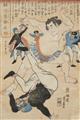 Various Artists of the 19th century - a) Utagawa Yoshitora (act. ca. 1836–1887). Oban. Title: Yokohama home shobuzuke. A sumo wrestler tossing a foreigner. Signed: Ichimosai Yoshitora ga. Publisher: Sagamiya Tokichi... - image-2