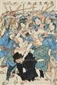 Various Artists of the 19th century - a) Utagawa Yoshitora (act. ca. 1836–1887). Oban. Title: Yokohama home shobuzuke. A sumo wrestler tossing a foreigner. Signed: Ichimosai Yoshitora ga. Publisher: Sagamiya Tokichi... - image-3