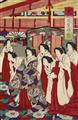 Toyohara Chikanobu - Three oban triptychs. a) Audience at the Imperial Palace.The Emperor and Empress at the race track. The Emperor and Empress watching school boys during their morning gymnastics.... - image-4