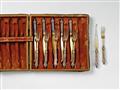 An Augsburg silver cutlery set with agate handles. Comprising six knives and forks in a fitted case (of the period but not original). Marks of Johann Ludwig Laminit 1739 - 41. - image-1