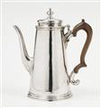 A George II silver coffee pot. Engraved with a coat-of-arms and motto 'SENECTUTEM OBLECTANT'. Marks of Benjamin Godfrey, London 1736. - image-1