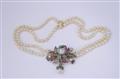 A 14k gold and Oriental pearl necklace encorporating a floral brooch. - image-1