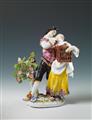A rare Meissen group "La cage", depicting Scaramouche and Columbine with a birdcage beside a flowering shrub. - image-1
