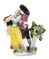 A rare Meissen group "La cage", depicting Scaramouche and Columbine with a birdcage beside a flowering shrub. - image-2