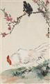 Wang Xuetao - Hahn unter Kischblütenast mit Mynah-Vogel. Hängerolle. Tusche und Farben auf Papier. Sign.: Xuetao und Siegel: Wang Xuetao yin. - image-1