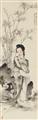 Wu Guangyu - Elegante Dame mit Fächer, Bambus und Felsen. Hängerolle. Tusche und leichte Farben auf Papier. Aufschrift, zyklisch datiert wuzi (1948), sign.: Shanyin Guangyu Wu und Siegel: Wu... - image-1