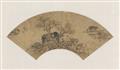 and Anonymous . Yuan dynasty or later - Boats by a river bank. Fan painting mounted as a hanging scoll. Ink and a few colours on a silvery paper. Yuan dynasty or later. - image-2