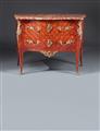 A satin- and rosewood veneered époque Louis XV chest of drawers with chequerboard marquetry. - image-1