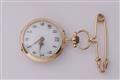 An 18k gold pin brooch suspending an Art Nouveau pendant watch. - image-1