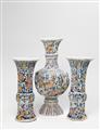 An impressive three piece set of Berlin faience vases with 'grand feu' decor - image-1