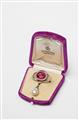 A German 14k gold, diamond and pink rubelite Belle Epoque brooch with an Oriental pearl droplet - image-2