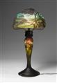 A Daum Frères glass table lamp with etched Rhine river landscape decor - image-1
