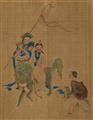 Anonymous painter . Qing dynasty - Seven album leaves depicting luohans with different animals. Ink and colour on silk. Qing dynasty. (7) - image-3