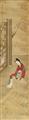 Nach Gai Qi - Elegante Palastdame unter Pfirsichblütenzweig und an einer Terrassenbrüstung sitzend. Hängerolle. Tusche und Farben auf Seide. Aufschrift, zyklisch datiert jimao (1819), bez.: G... - image-1
