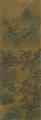 Qiu Ying - Gelehrte in grüner Berglandschaft. Hängerolle. Tusche und Farben auf Seide. Aufschrift, bez.: Shifu Qiu Ying und Siegel: Shizhou, Qiu Ying zhi yin, und ein Sammlersiegel: Xiang ... - image-1