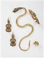 A pair of repoussé gold and enamel Biedermeier pendant earrings - image-2