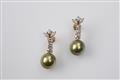 A pair of 18k gold and pearl pendant earrings - image-1