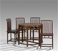 Two semicircular hardwood console tables, joined together, and four chairs. 19th/20th century - image-1