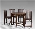 Two semicircular hardwood console tables, joined together, and four chairs. 19th/20th century - image-2