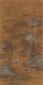 Anonymous painter Qing dynasty - Two hanging scrolls. Ink and colour on silk. a) Mandarin ducks in rocky river landscape. Inscribed in the manner of Shen Zhou and two seals. b) Chrysanthemum by a rock and a pai... - image-2