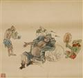 Yong Lang . Qing dynasty - Six album leaves depicting scenes from the story of Zhong Kui with demons and his sister. Mounted as two hanging scrolls. Ink and colour on paper. Sealed Yong Lang. (2) - image-5