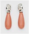 A pair of 18k white gold and coral pendant earrings - image-1