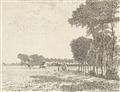 Paul Baum - Hohe Baumreihe an Feldern mit einem Erntewagen und fernem Haus. Dazu: Radierung mit gleichem Motiv - siehe auch Nr. 38 - image-1