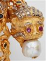 An 18k gold pearl and coloured stone bangle with lion's head motifs - image-3
