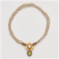 An 18k gold and natural pearl necklace with a coloured stone pendant - image-1