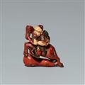 A lacquer and stag horn netsuke of Chokwaro Sennin. Around 1800 - image-1