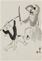 Guan Liang - Seven album leaves with scenes from the Peking Opera and opera figures. Ink on paper. Signed Guan Liang and sealed. In addition (in copies): Typewriter-written letter from the a... - image-5