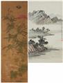 Zhang Wei and
Fan Bi . 19th/20th century - Two hanging scrolls. Ink and colour on paper. a) Butterflies and flowers. Signed Zhang Wei, sealed Wei yin Zhang Wei. b) A mountainous landscape. Signed and sealed Fan Bi. (2) - image-3