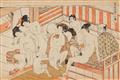 Isoda  Koryusai - Three ôban. Shunga. All unsigned. a) Series: Shikidô torikumi jûniban. Bath house scene. Circa 1775-1777. b) Two more from untitled series. (3)

Good impressions, colours fade... - image-3