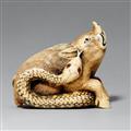 An ivory netsuke of a boar with a snake. Late 19th century - image-1