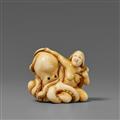 An ivory shunga netsuke of an awabi diver and octopus in amorous embrace. Early 19th century - image-1