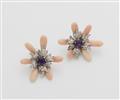 A pair of German 18k white gold amethyst and coral earclips. - image-1