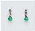 A pair of platinum, white gold and diamond pendant earrings with Columbian emerald droplets. - image-1