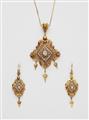 An Italian 18k gold black enamel and diamond historicist pendant brooch and pair of earrings. - image-1