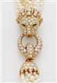 A French cultured pearl necklace "Lion Barquerolles" with an 18k gold, diamond and emerald lion clasp. - image-4