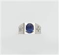 A French Art Deco platinum diamond chain ring with a rare colour change Ceylon sapphire. - image-2