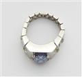 A French Art Deco platinum diamond chain ring with a rare colour change Ceylon sapphire. - image-4