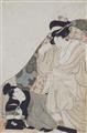 Kitagawa Utamaro - Ôban. Abuna-e. Spiel eines Liebespaares halb unter einem Futon. Unbezeichnet. Ohne Verlagsangabe. Selten. - image-1
