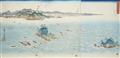 Utagawa Hiroshige - Ôban triptych. View of the whirlpools at the Naruto Straits in Awa, from an untitled series of three triptychs that depict Snow, Moon and Flowers (setsugekka). 
This triptych i... - image-1