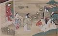 Miyagawa Chôshun, in der Art - Hängerolle. Illustration zu Yugao, dem 4. Kapitel des Genji monogatari. Genji besucht eine Dame, die ihm einen Fächer mit Darstellung von Trichterwinden darreicht. Tusche und Fa... - image-1